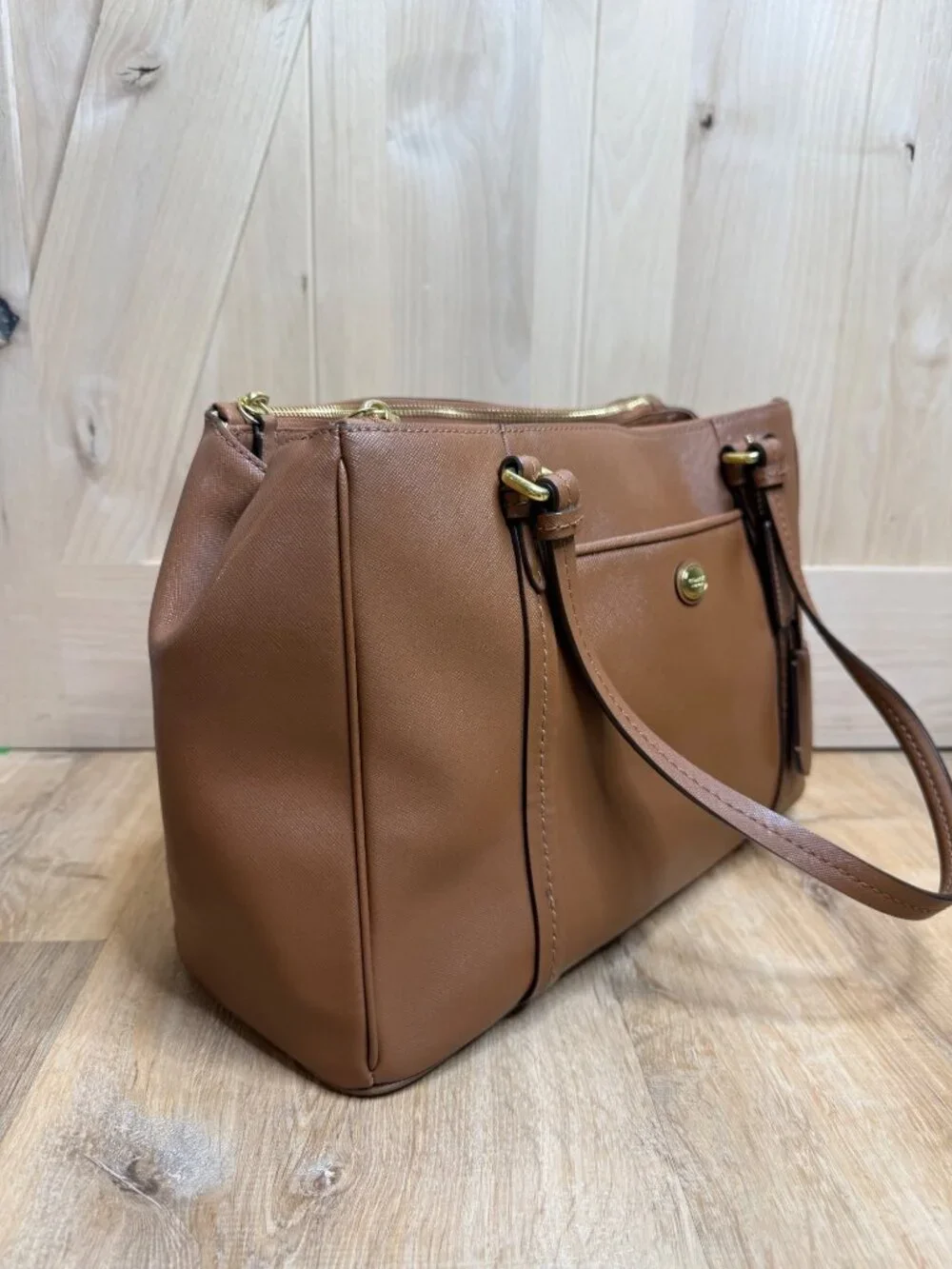 Coach Peyton Leather Jordan Double Zip Carryall Bag F25669 Chestnut EUC - Picture 2 of 12